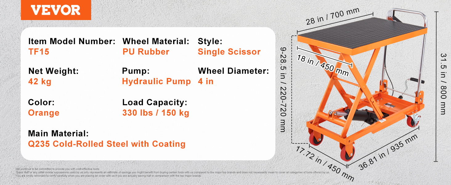 VEVOR hydraulic lift table tf15, single scissor, orange, pu rubber wheels, 330 lbs load capacity.