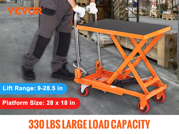 VEVOR hydraulic lift table with 330 lbs load capacity in an industrial warehouse setting.