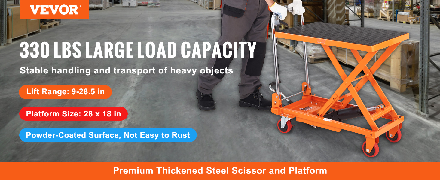 VEVOR hydraulic lift table with 330 lbs load capacity in an industrial warehouse setting.
