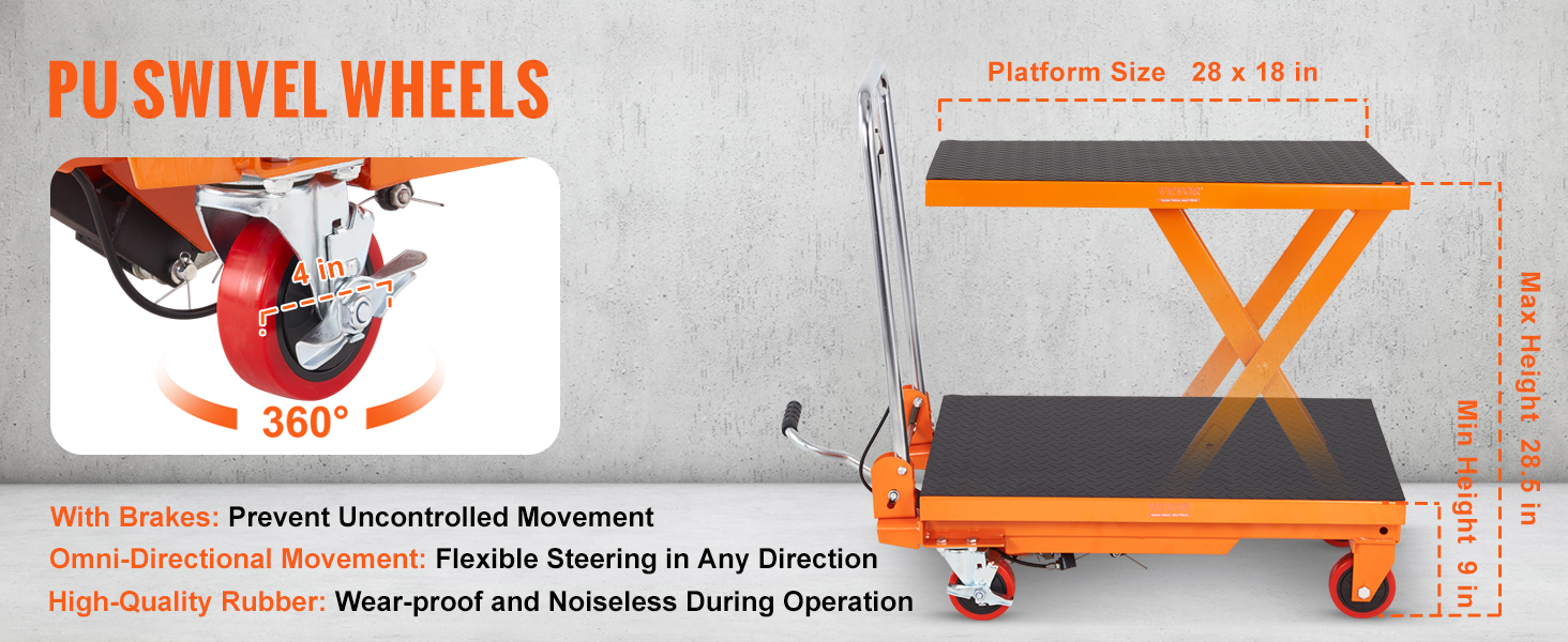 VEVOR hydraulic lift table with pu swivel wheels, brakes, 28x18 in platform, 9-28.5 in lift range.