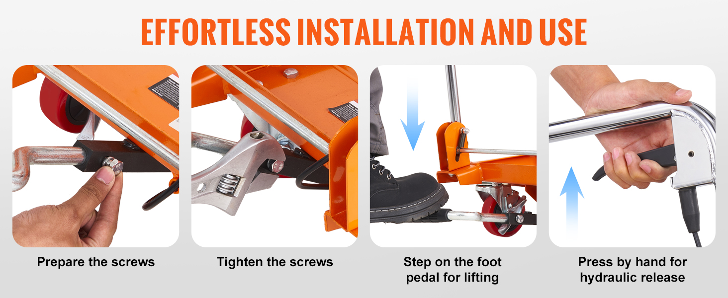 effortlessly install and use the VEVOR hydraulic lift table by preparing and tightening screws
