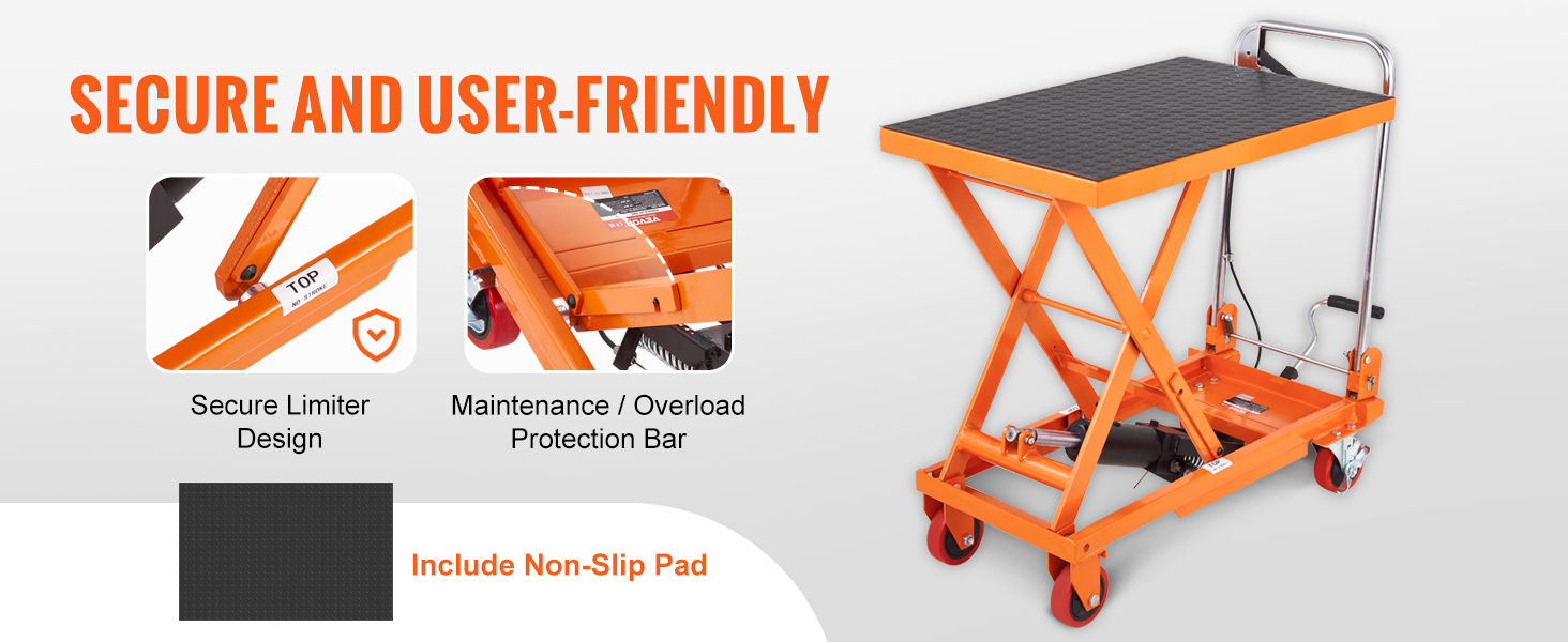 secure and user-friendly VEVOR hydraulic lift table with secure limiter design and non-slip pad.