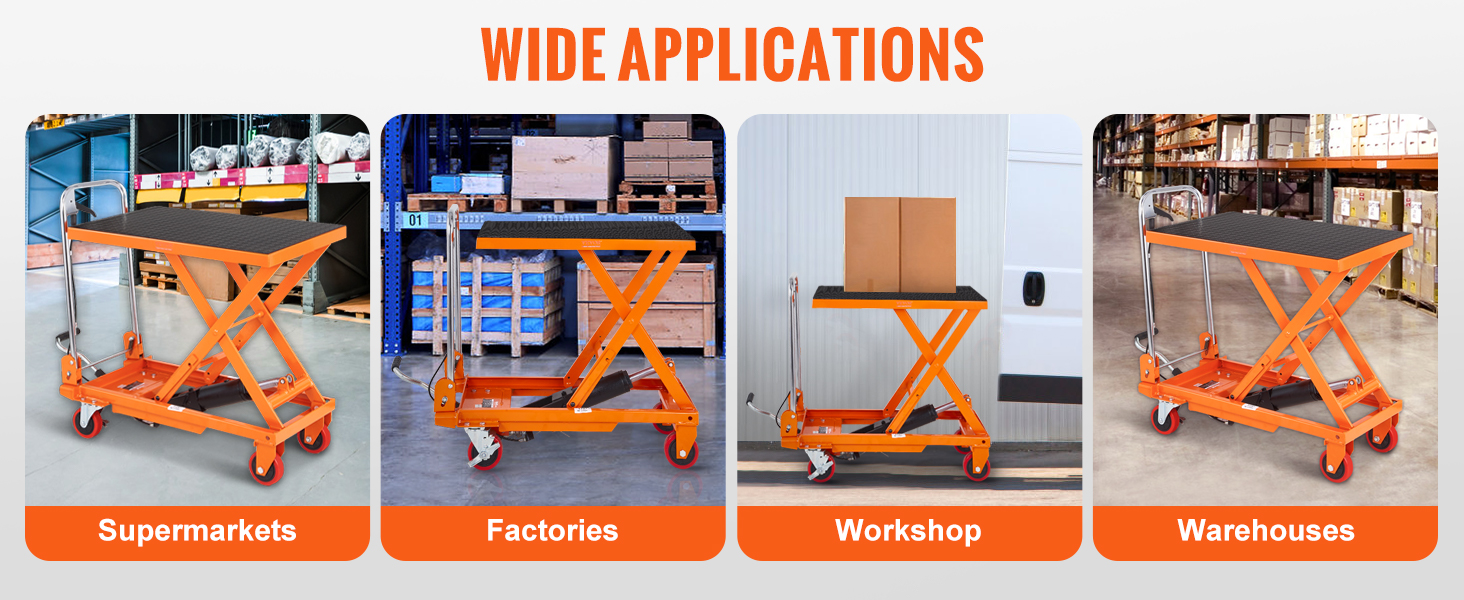 VEVOR hydraulic lift table in supermarkets, factories, workshops, and warehouses for wide applications.