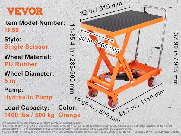 VEVOR hydraulic lift table tf50 with 1100 lbs capacity, single scissor, 32x20 in table, orange.