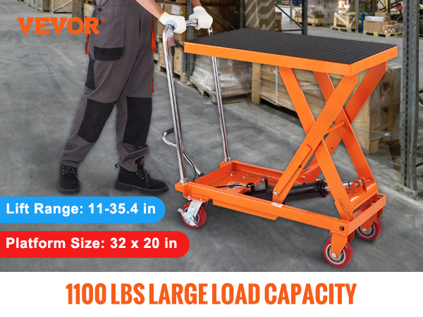 VEVOR hydraulic lift table with 1100 lbs capacity, orange, in warehouse, 11-35.4 in lift range.