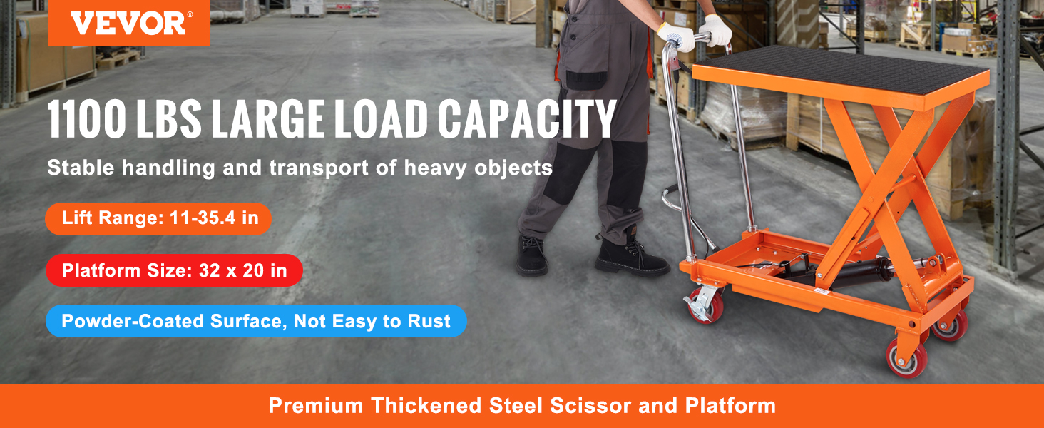 VEVOR hydraulic lift table with 1100 lbs capacity, orange, in warehouse, 11-35.4 in lift range.