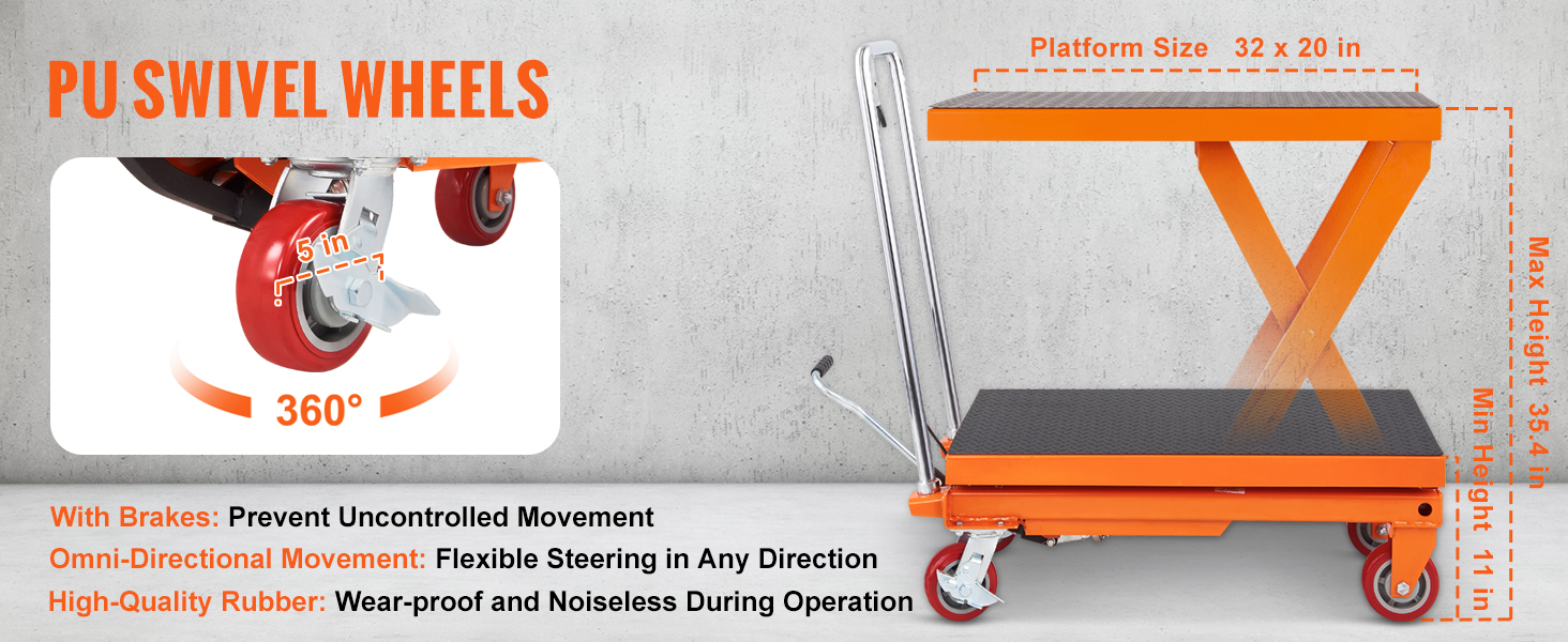 VEVOR hydraulic lift table with pu swivel wheels, 32x20 in platform, 11-35.4 in lift range.