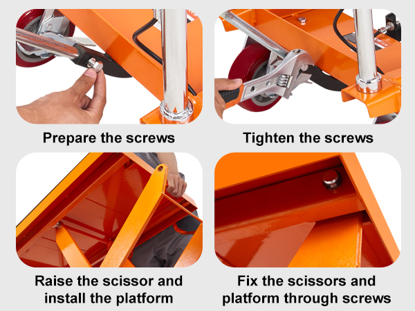 effortless installation guide for the VEVOR hydraulic lift table: prepare screws, tighten, raise, and fix.