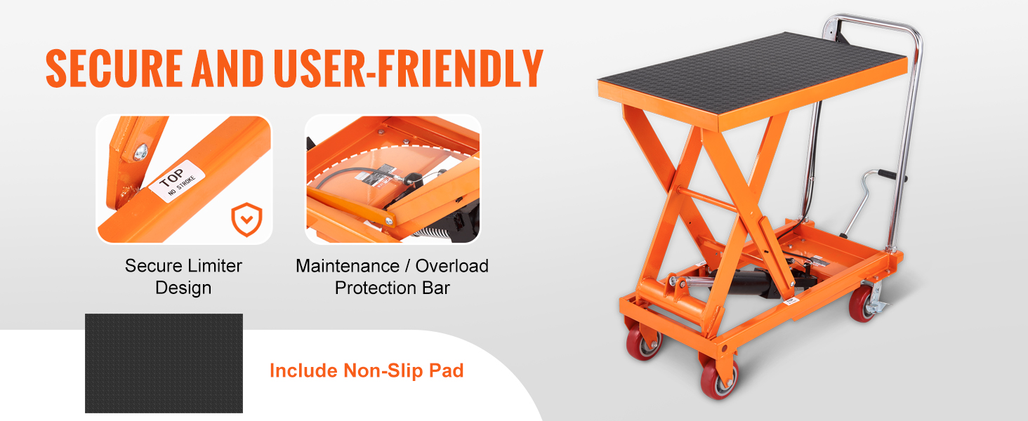 VEVOR hydraulic lift table with secure limiter design, overload protection bar, and non-slip pad.