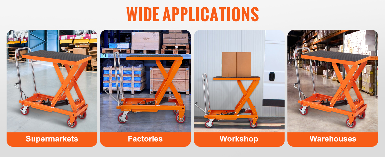 VEVOR hydraulic lift table in supermarkets, factories, workshops, and warehouses for versatile use.