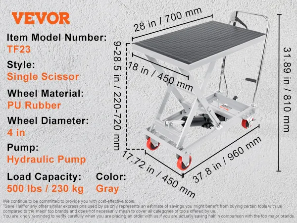 VEVOR hydraulic lift table, tf23 model, gray q235 steel, 500 lbs capacity, single scissor, 4-inch pu wheels.