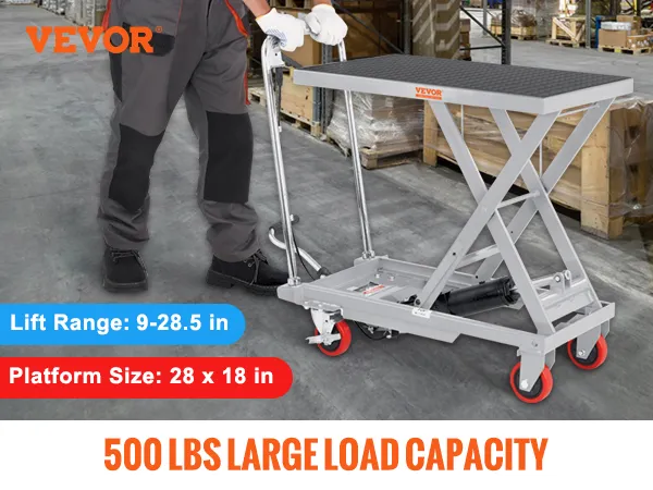 VEVOR hydraulic lift table in warehouse, 500 lbs capacity, 9-28.5 in lift range, 28x18 in platform.