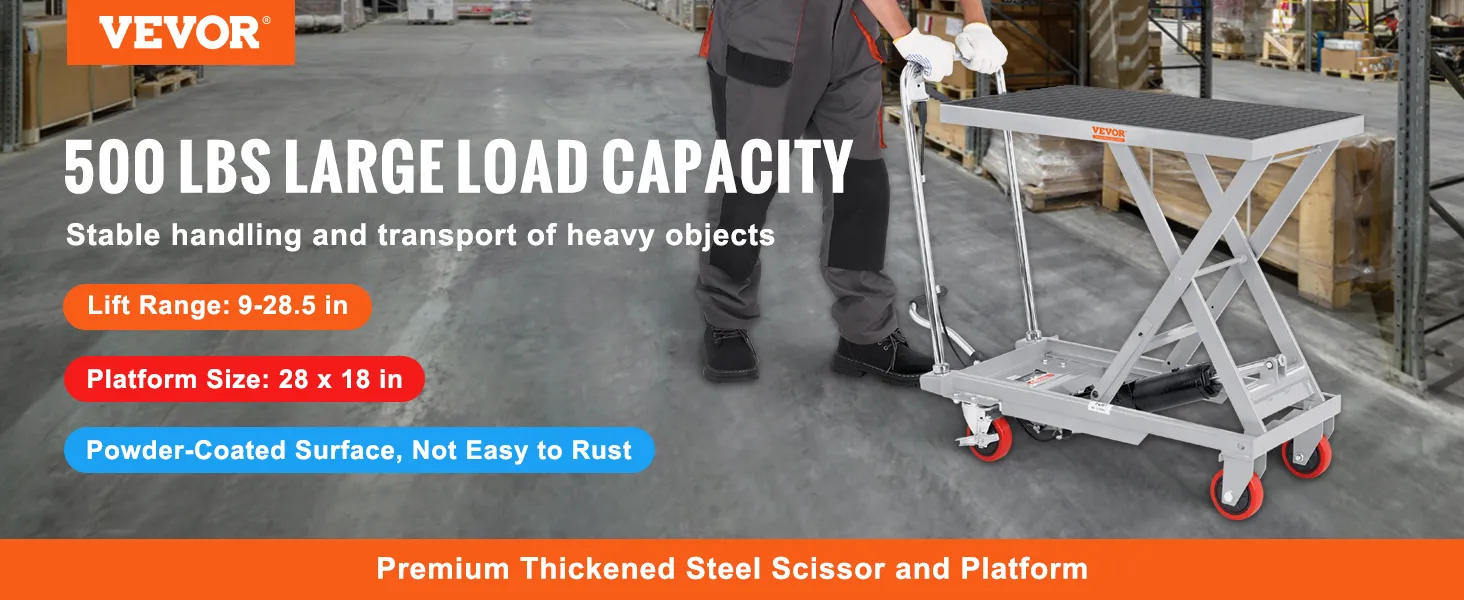 VEVOR hydraulic lift table in warehouse, 500 lbs capacity, 9-28.5 in lift range, 28x18 in platform.