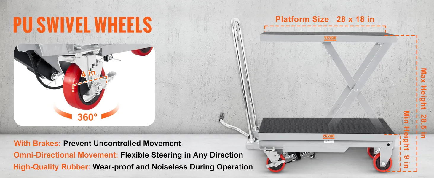 VEVOR hydraulic lift table with pu swivel wheels, brakes, 28x18in platform, 9-28.5in lift range.