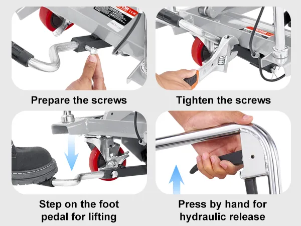 effortless installation guide for VEVOR hydraulic lift table: prepare screws, tighten, lift, and release.