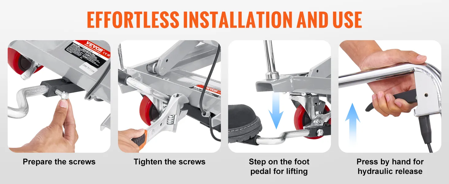 effortless installation guide for VEVOR hydraulic lift table: prepare screws, tighten, lift, and release.