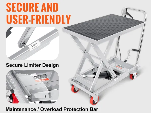 VEVOR hydraulic lift table with secure limiter design, overload protection bar, and non-slip pad.