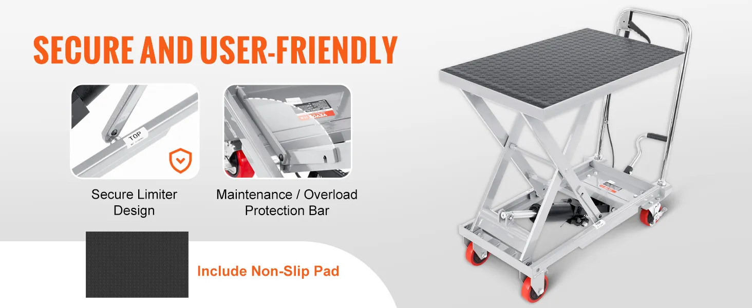 VEVOR hydraulic lift table with secure limiter design, overload protection bar, and non-slip pad.