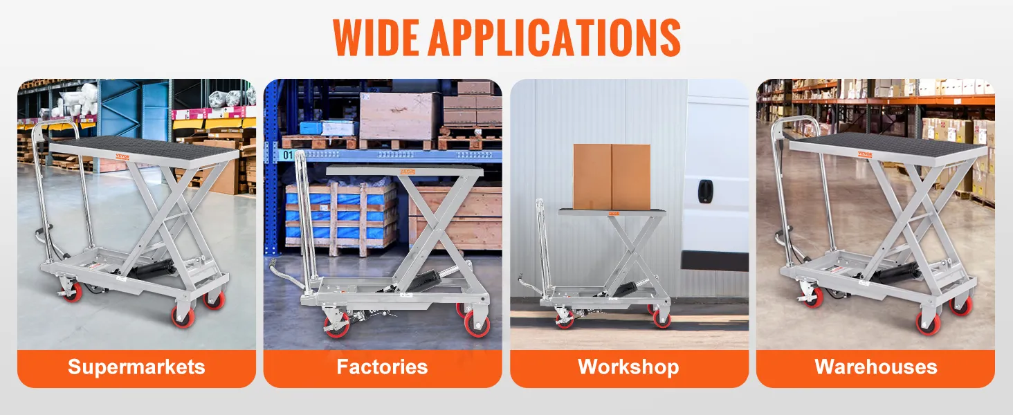 VEVOR hydraulic lift table in supermarkets, factories, workshops, and warehouses.