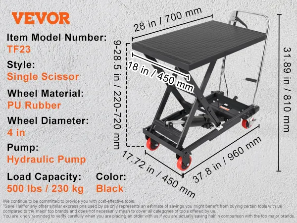 VEVOR hydraulic lift table tf23, 500 lbs capacity, black q235 steel, single scissor, pu rubber wheels.
