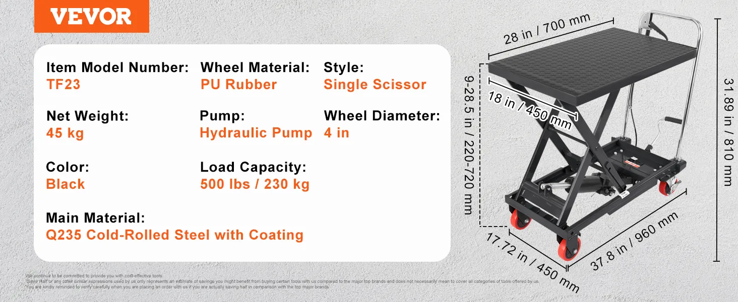 VEVOR hydraulic lift table tf23, 500 lbs capacity, black q235 steel, single scissor, pu rubber wheels.