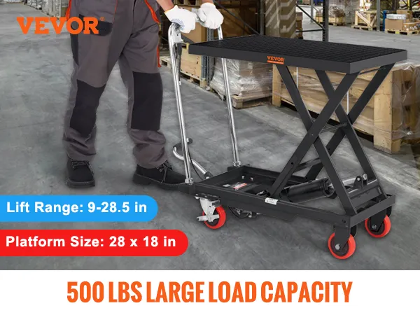 VEVOR hydraulic lift table in warehouse, 500 lbs capacity, 28x18 in platform, lift range 9-28.5 in.
