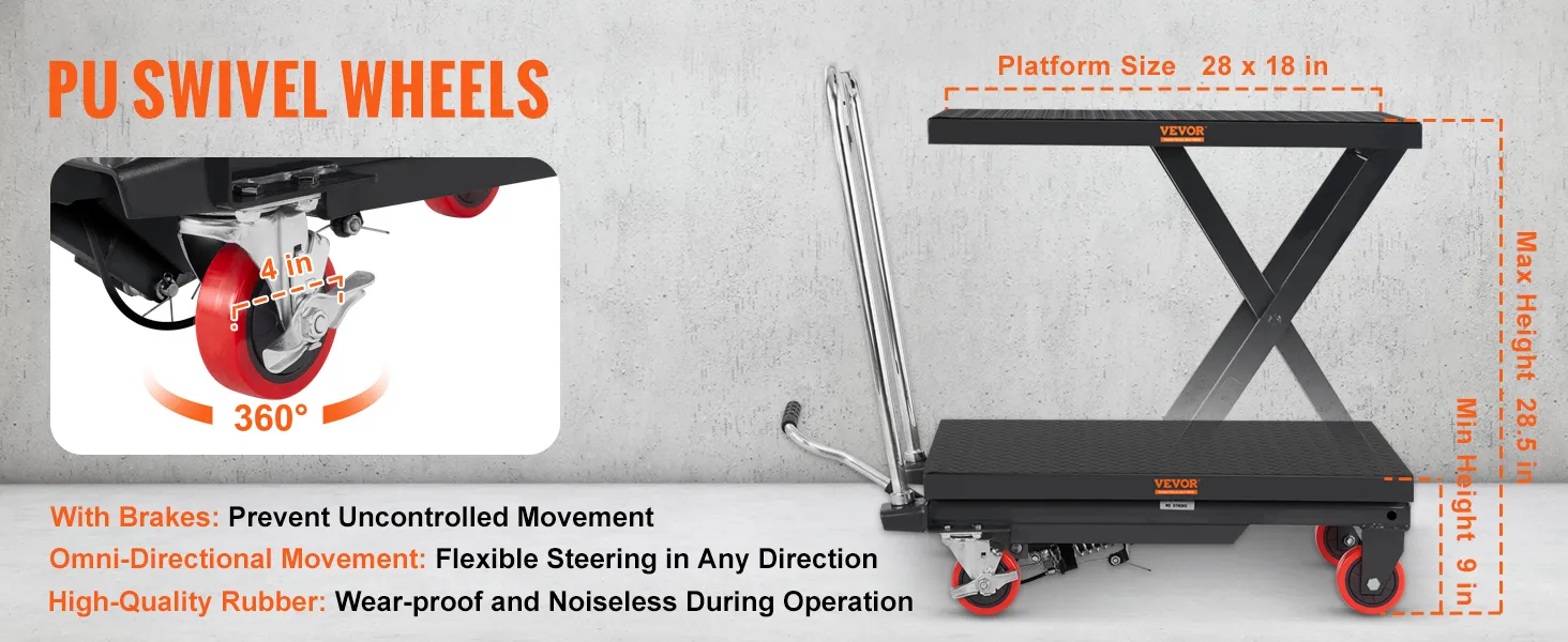 VEVOR hydraulic lift table with pu swivel wheels, brakes, and 28x18 in platform, lift range 9-28.5 in.