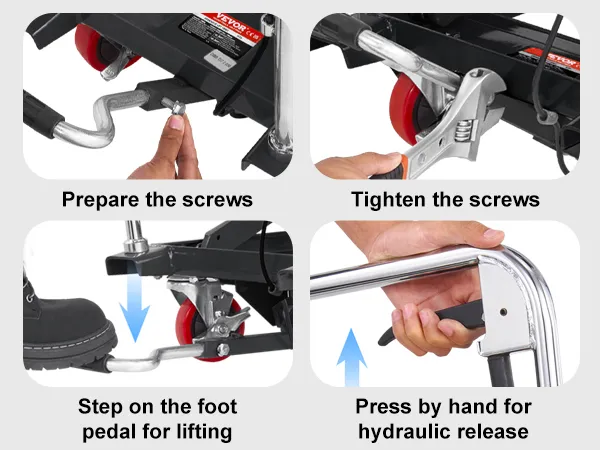effortless installation and use of VEVOR hydraulic lift table: prepare screws, tighten, lift pedal, release handle.