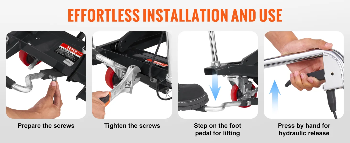 effortless installation and use of VEVOR hydraulic lift table: prepare screws, tighten, lift pedal, release handle.