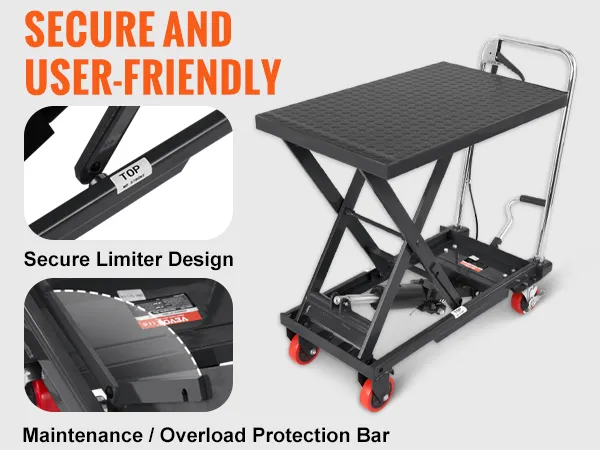 VEVOR hydraulic lift table with secure limiter design, overload protection bar, and non-slip pad.