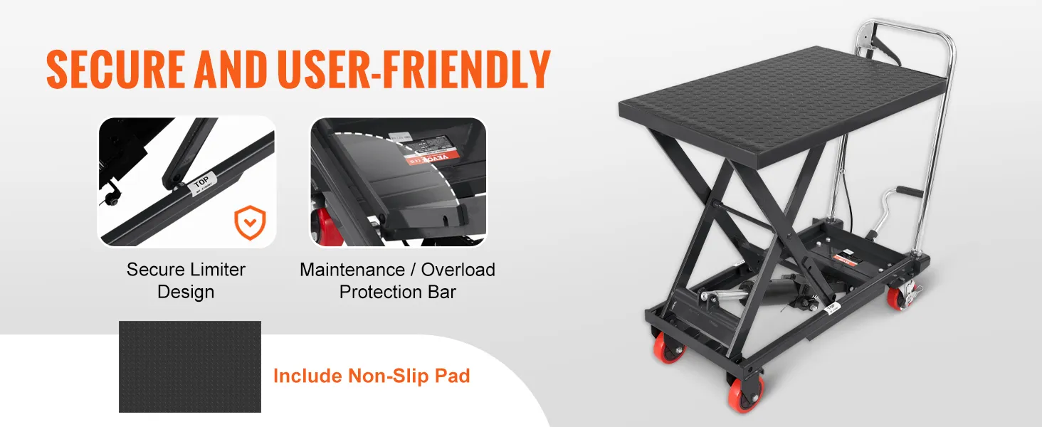 VEVOR hydraulic lift table with secure limiter design, overload protection bar, and non-slip pad.