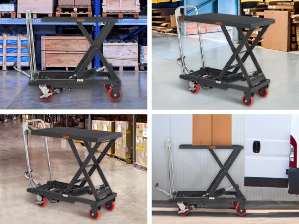 VEVOR hydraulic lift table used in supermarkets, factories, workshops, and warehouses.
