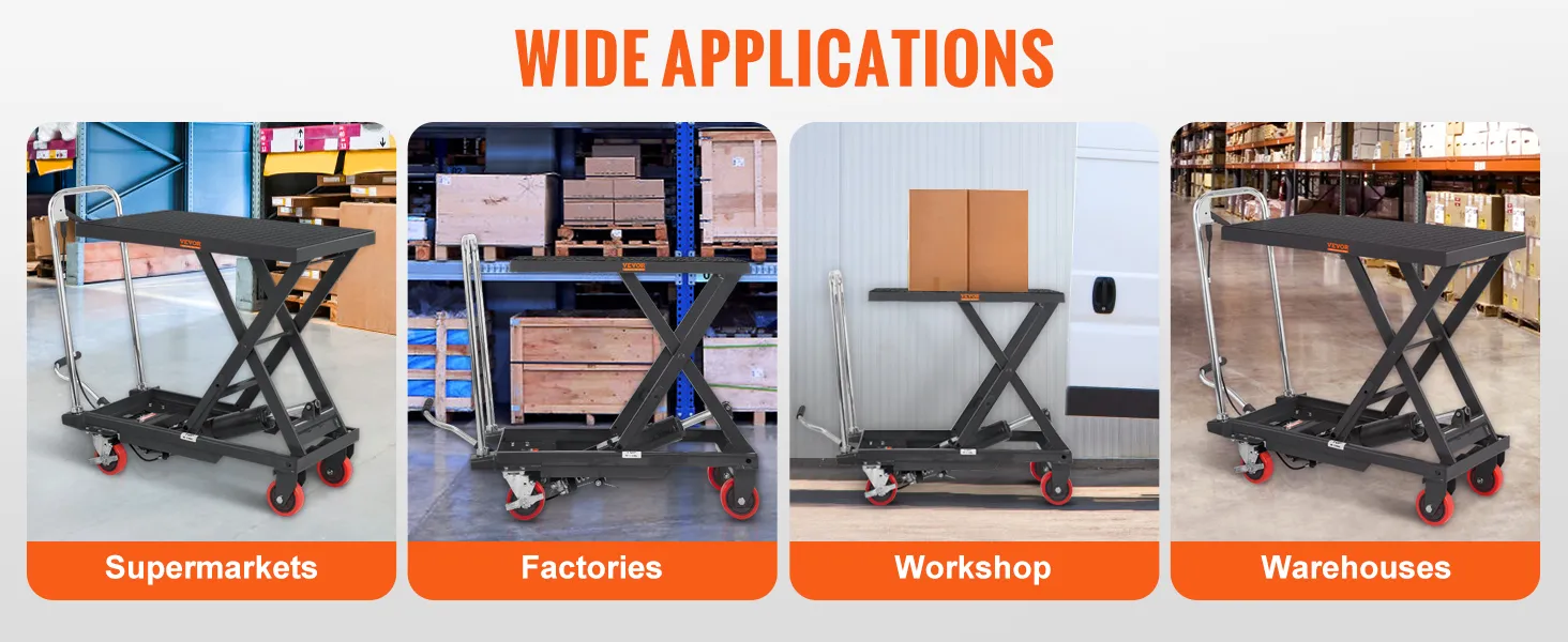 VEVOR hydraulic lift table used in supermarkets, factories, workshops, and warehouses.