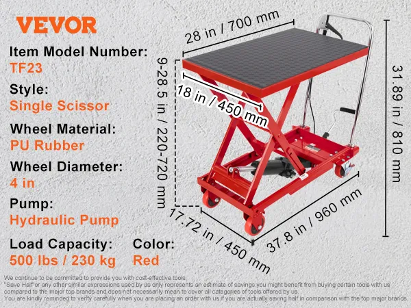 VEVOR hydraulic lift table tf23 with 500 lbs load capacity, red, q235 steel, hydraulic pump, pu rubber wheels.