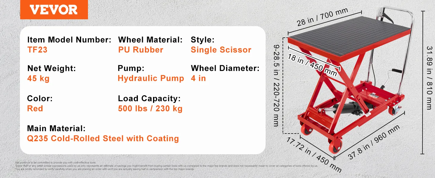 VEVOR hydraulic lift table tf23 with 500 lbs load capacity, red, q235 steel, hydraulic pump, pu rubber wheels.