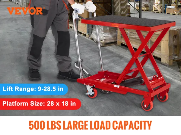 VEVOR hydraulic lift table with 500 lbs capacity, 9-28.5 in lift range, and 28 x 18 in platform size.