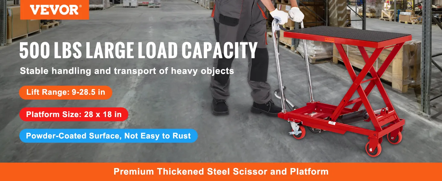 VEVOR hydraulic lift table with 500 lbs capacity, 9-28.5 in lift range, and 28 x 18 in platform size.