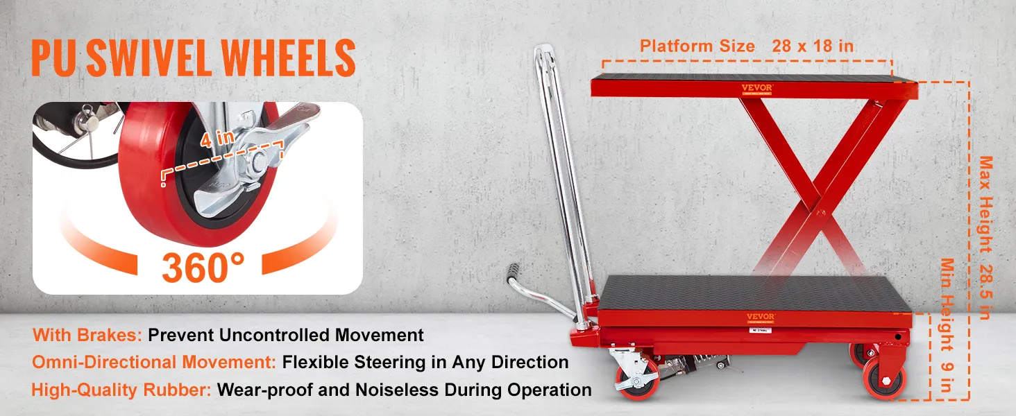 VEVOR hydraulic lift table with pu swivel wheels, 28x18