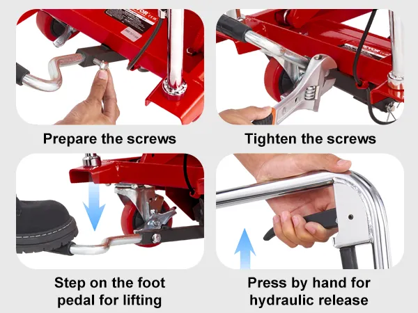 steps to use VEVOR hydraulic lift table: prepare screws, tighten screws, foot pedal lifting, hand hydraulic release.