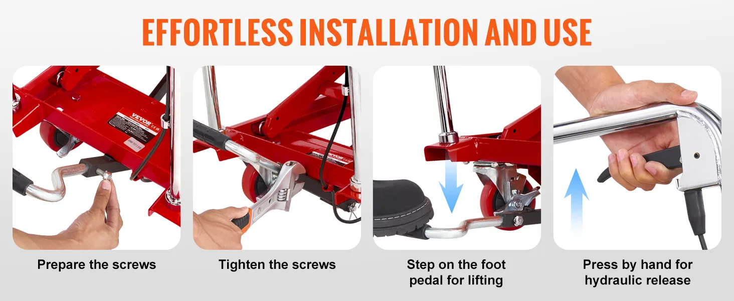 steps to use VEVOR hydraulic lift table: prepare screws, tighten screws, foot pedal lifting, hand hydraulic release.