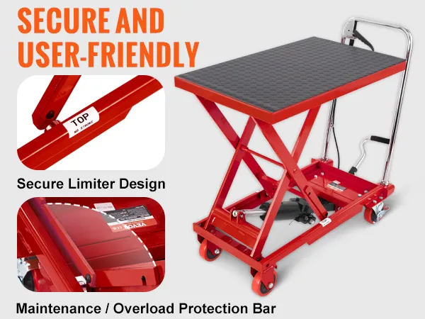 VEVOR hydraulic lift table with secure limiter design, overload protection bar, and non-slip pad.