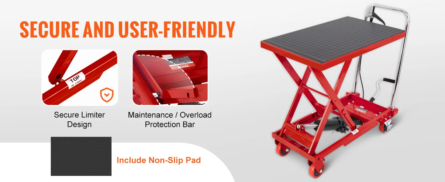 VEVOR hydraulic lift table with secure limiter design, overload protection bar, and non-slip pad.
