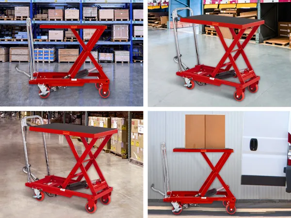 VEVOR hydraulic lift table shown in supermarkets, factories, workshops, and warehouses for wide applications.