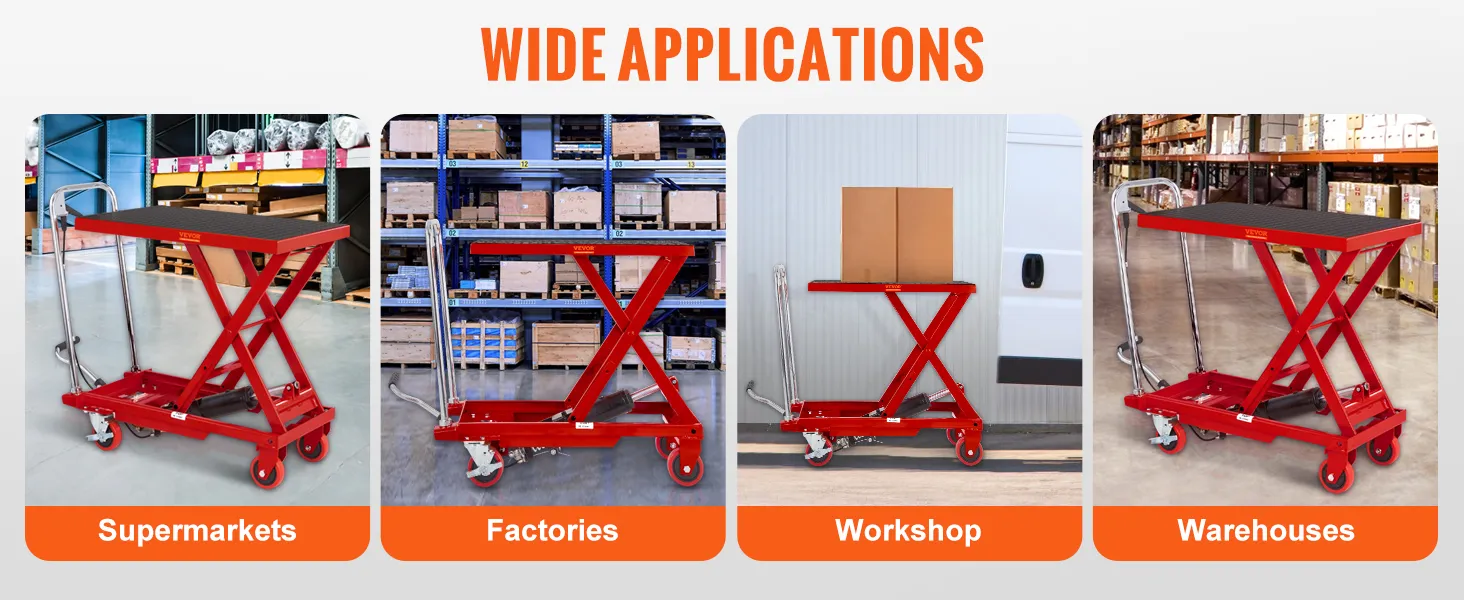 VEVOR hydraulic lift table shown in supermarkets, factories, workshops, and warehouses for wide applications.