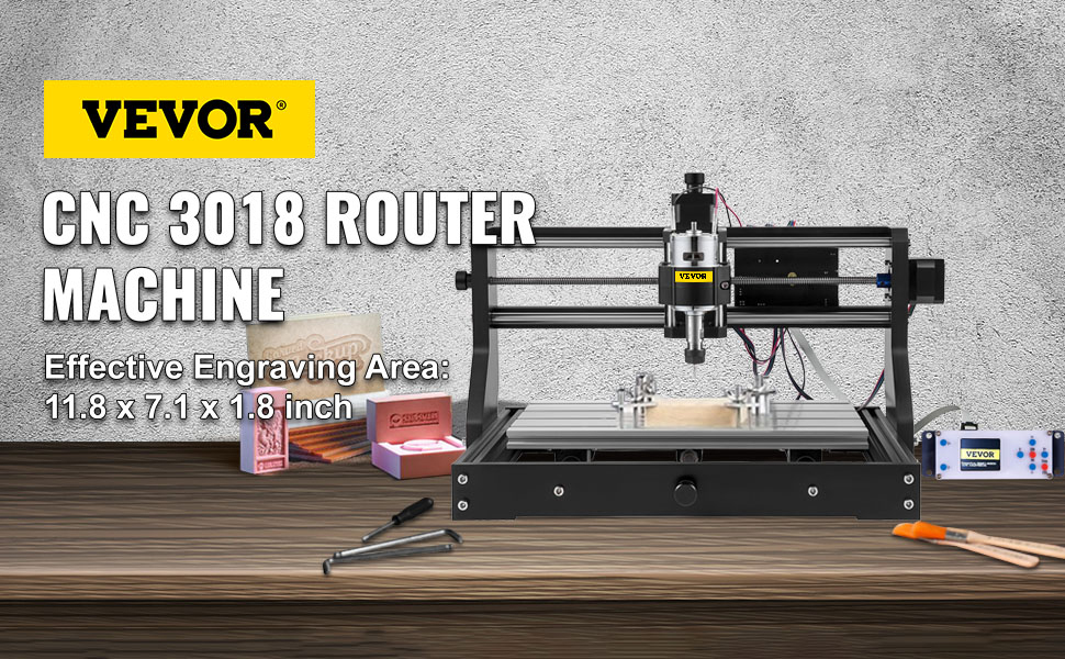 VEVOR cnc router machine with effective engraving area, tools, and control box.