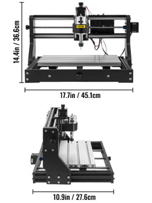 VEVOR cnc router machine, dimensions: 14.4in x 17.7in x 10.9in. front and side views displayed.