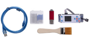 VEVOR cnc router machine accessories: usb cable, drill bits, brush, and control panel.