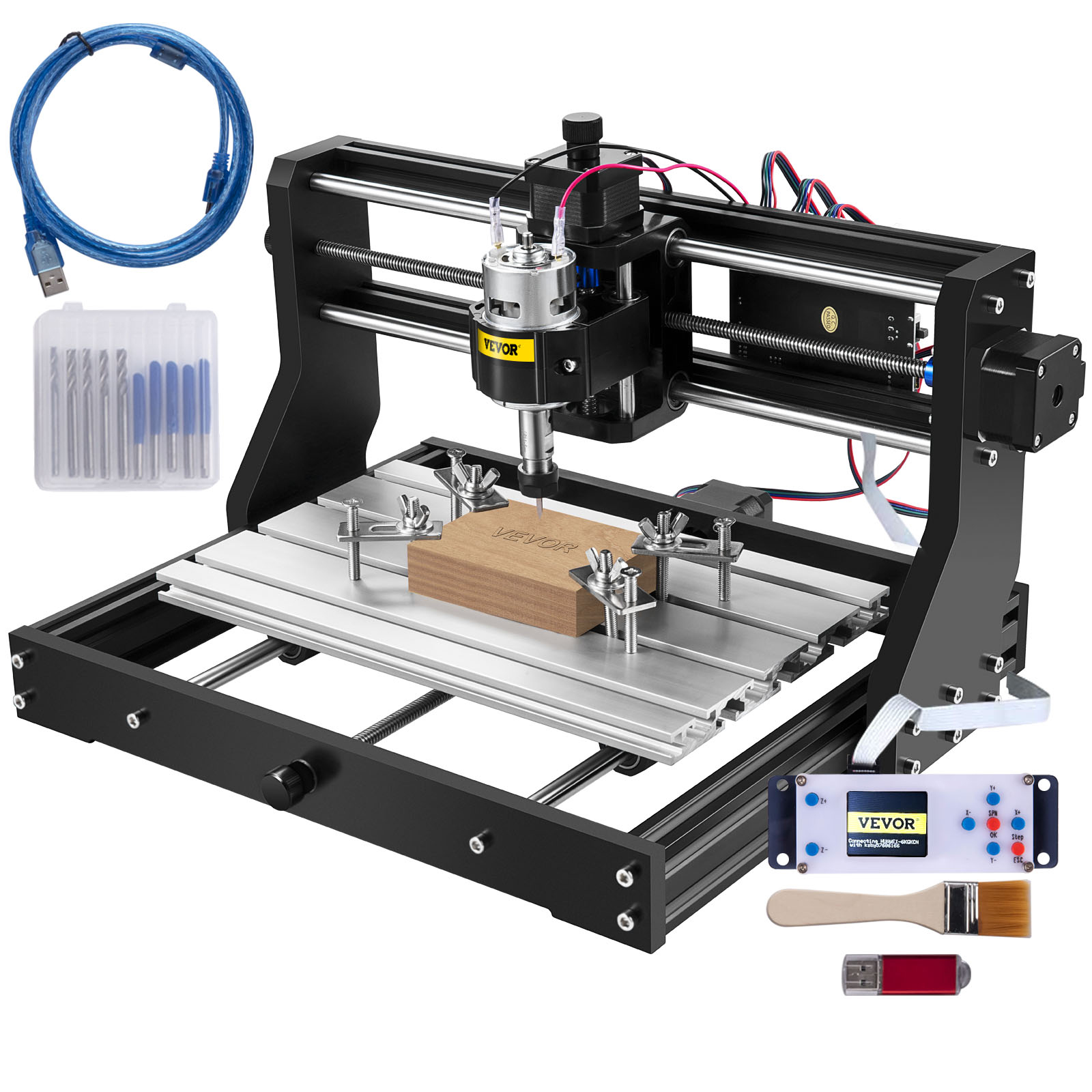VEVOR cnc router machine with usb cable, cutting bits, brush, and control box.