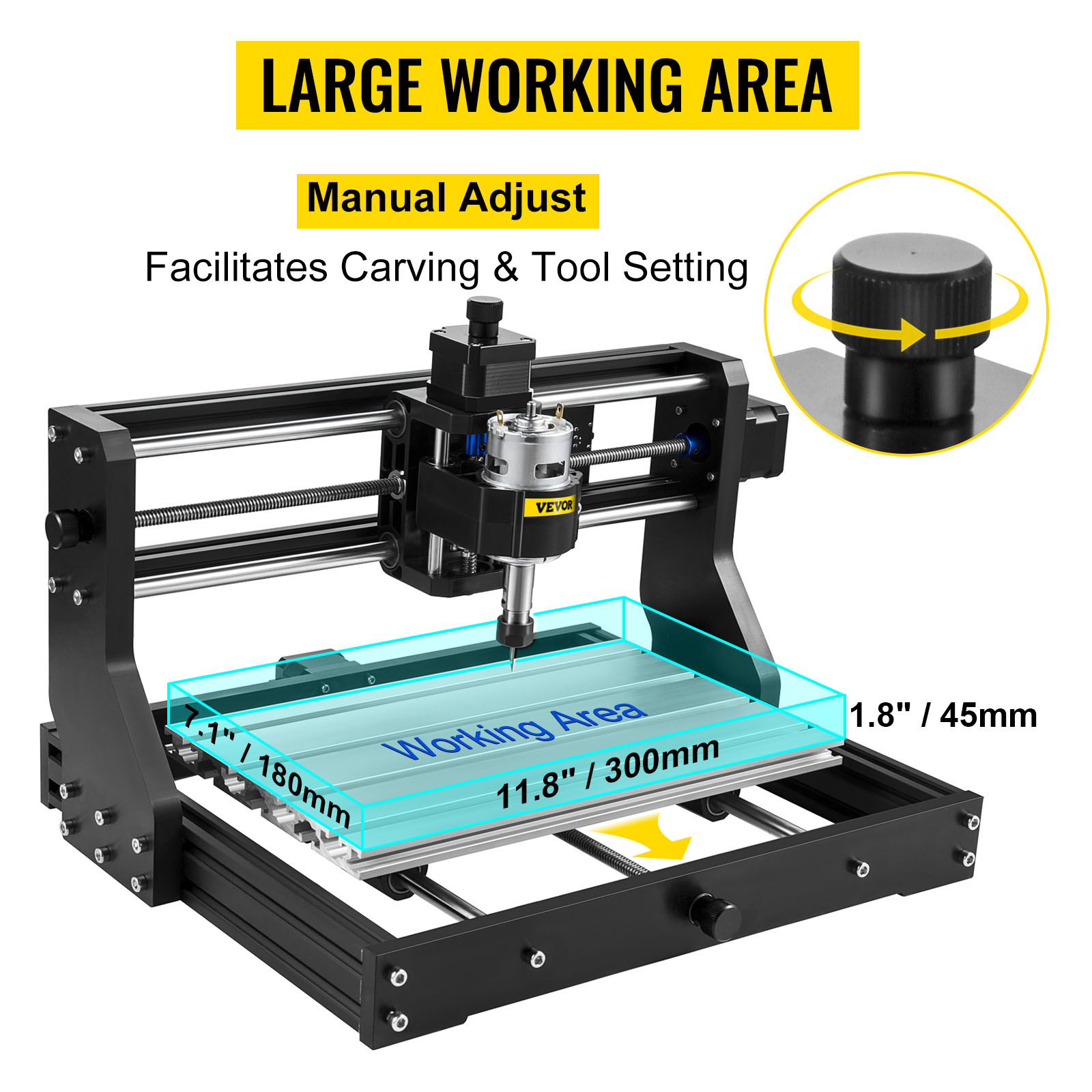 VEVOR cnc router machine with a large working area and manual adjust tool setting.