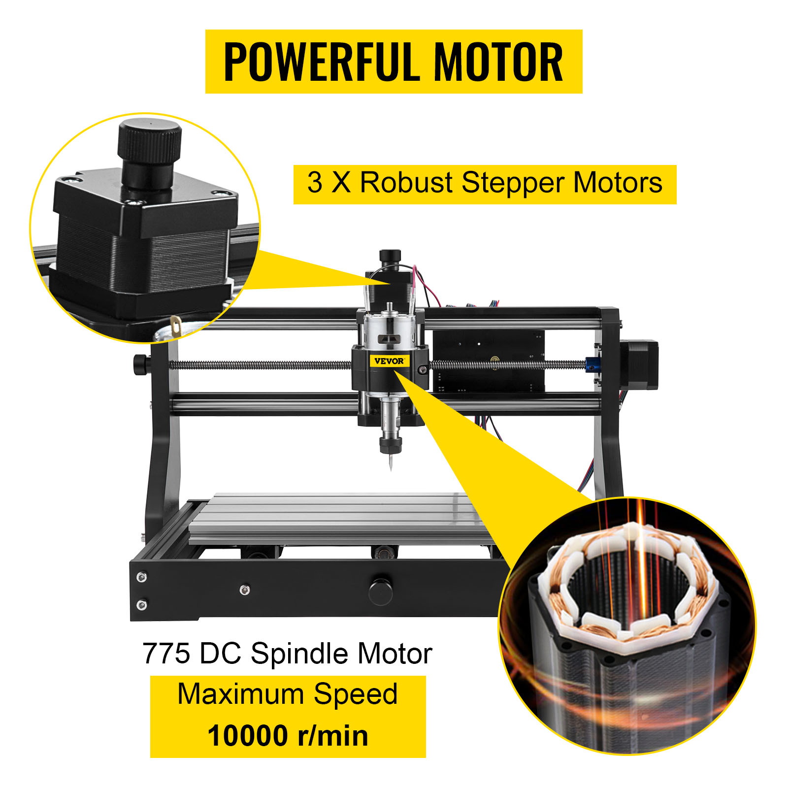 VEVOR cnc router machine with powerful motor, 10000 r/min spindle, and 3 stepper motors.